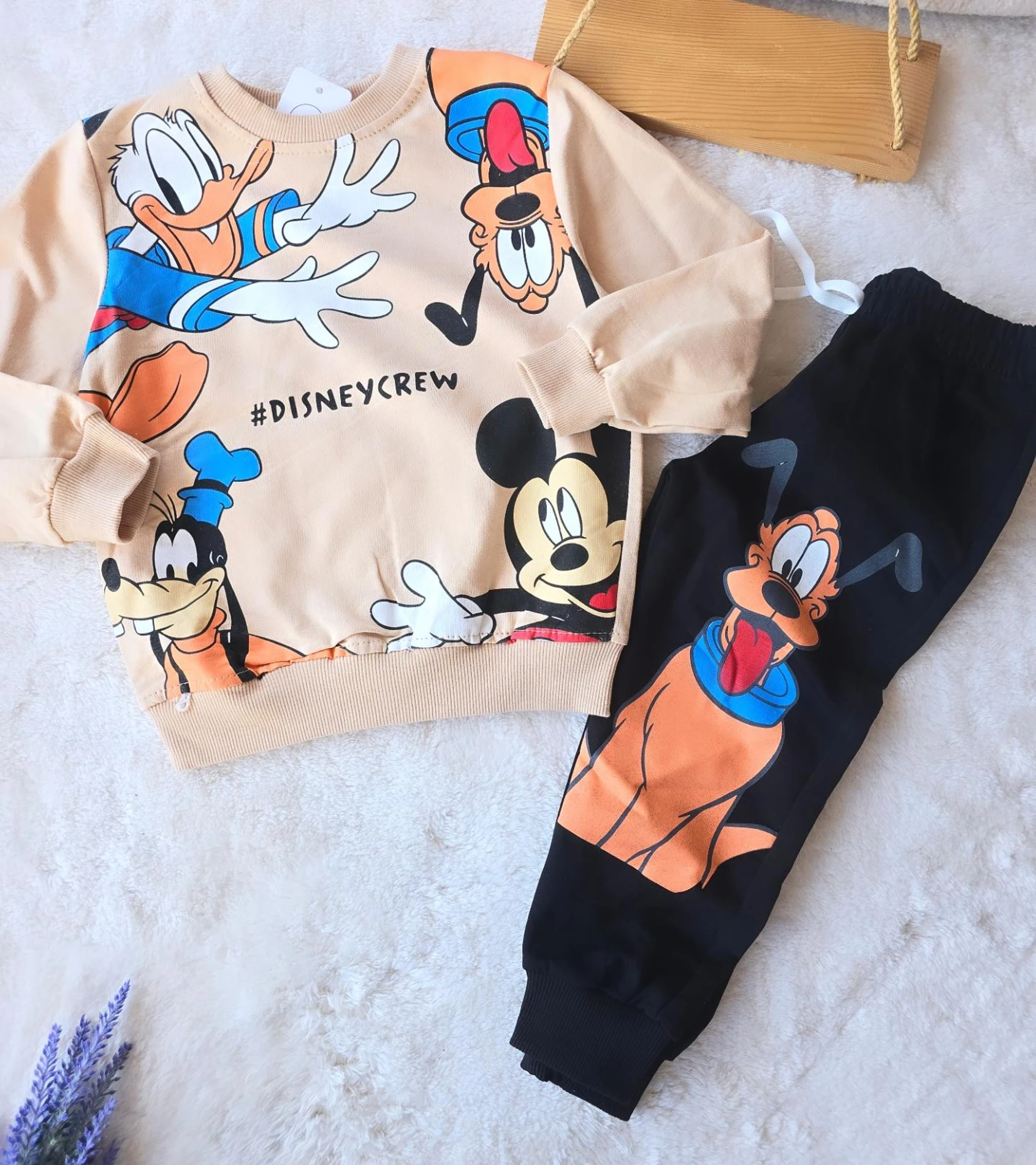 Çocuk Takım Donald Duck Goofy Baskılı 3-8 Yaş Bej