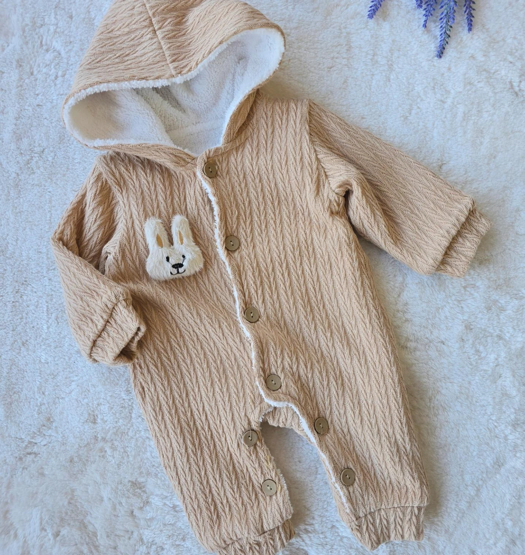 Bebek Tulum Triko Tavşan Detaylı İçi Wellsoft Düğmeli 6-18 Ay Kahve