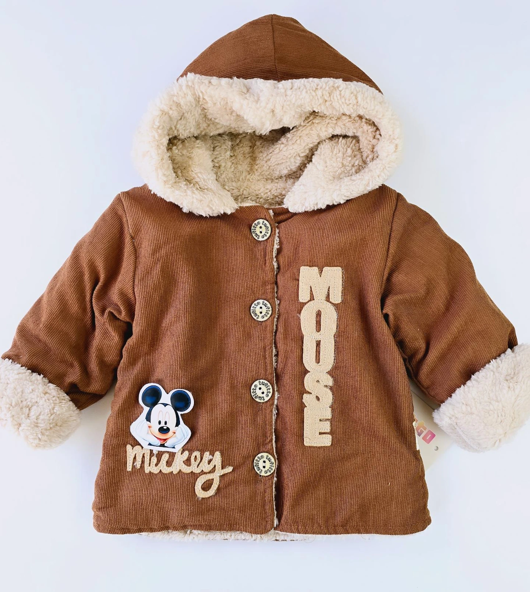 Bebek Mont Mickey İşlemeli Kahverengi