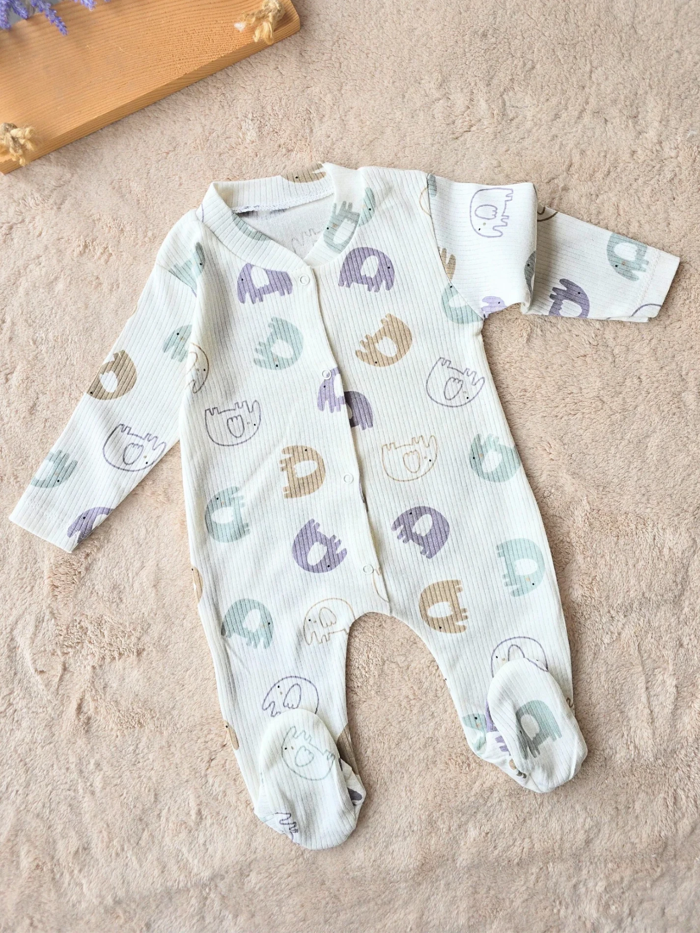 Bebek Tulum renkli fil baskılı patikli 1-6 ay beyaz