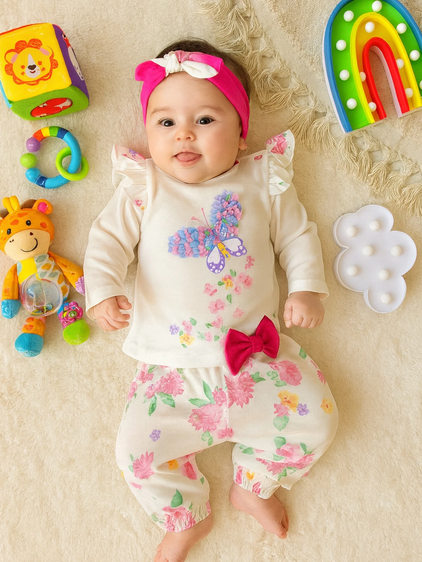 Bebek Takım Renkli Kelebek Detaylı Saç Bantı Hediyeli 3-12 Ay