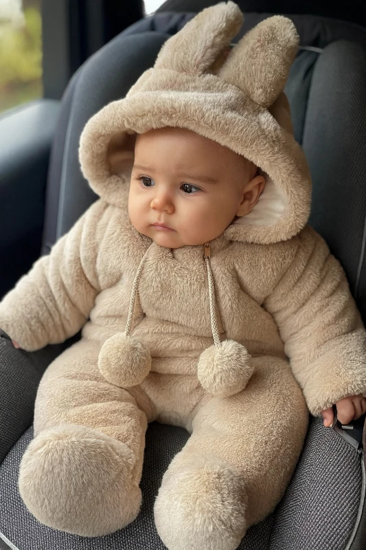 Bebek Tulum Peluş Kapşonlu Ponpon Detaylı Fermuarlı