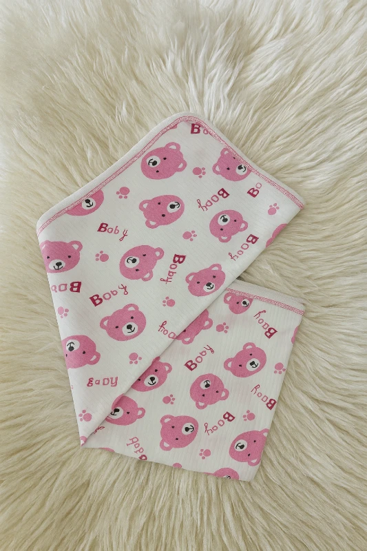 Bebek Pamuklu Çift Katlı Biyeli Penye Battaniye Ayı Baby Baskılı 