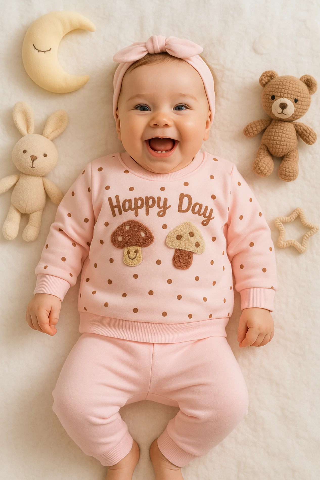 Bebek Happy Day Baskılı Süzene Mantar İşlemeli Takım