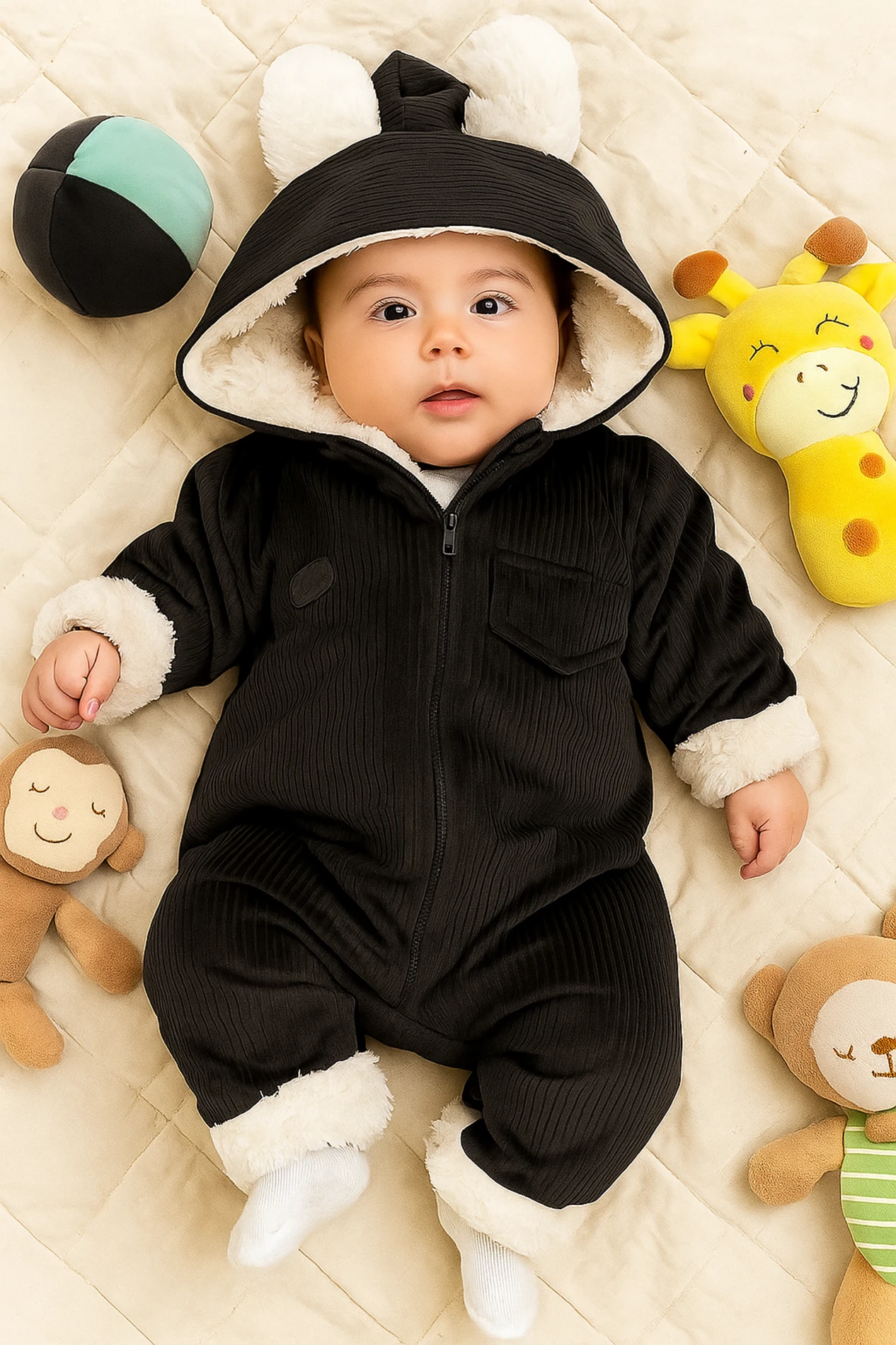 Bebek İçi Wellsoft Dışı Kadife Kapşonlu Tulum 