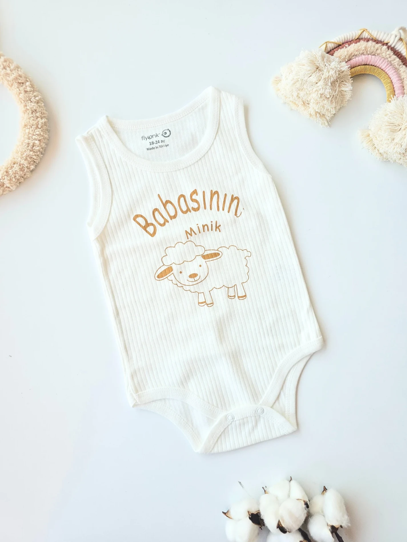 Bebek Zıbın babasının minik kuzusu baskılı sıfır kol 12-36 ay beyaz