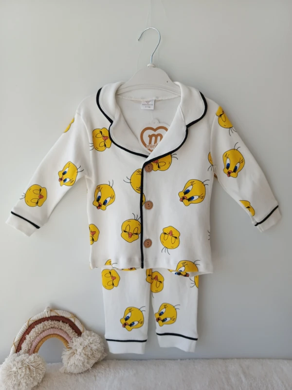 Çocuk Takım tweety baskılı düğmeli pijama 3-6 yaş beyaz