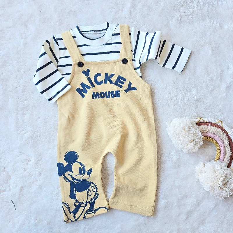 Bebek Takım mickey baskılı salopet çizgili badili 0-12 bej
