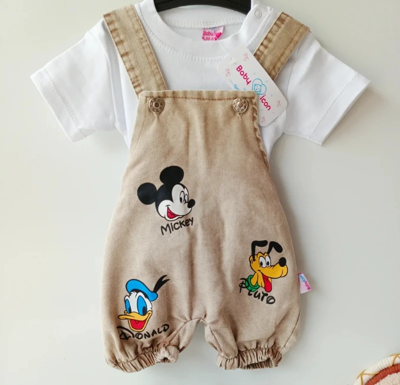 Bebek Salopet mickey-pluto ve donald baskılı kısa kol badili kot 6-9-12-18 ay  Kahve