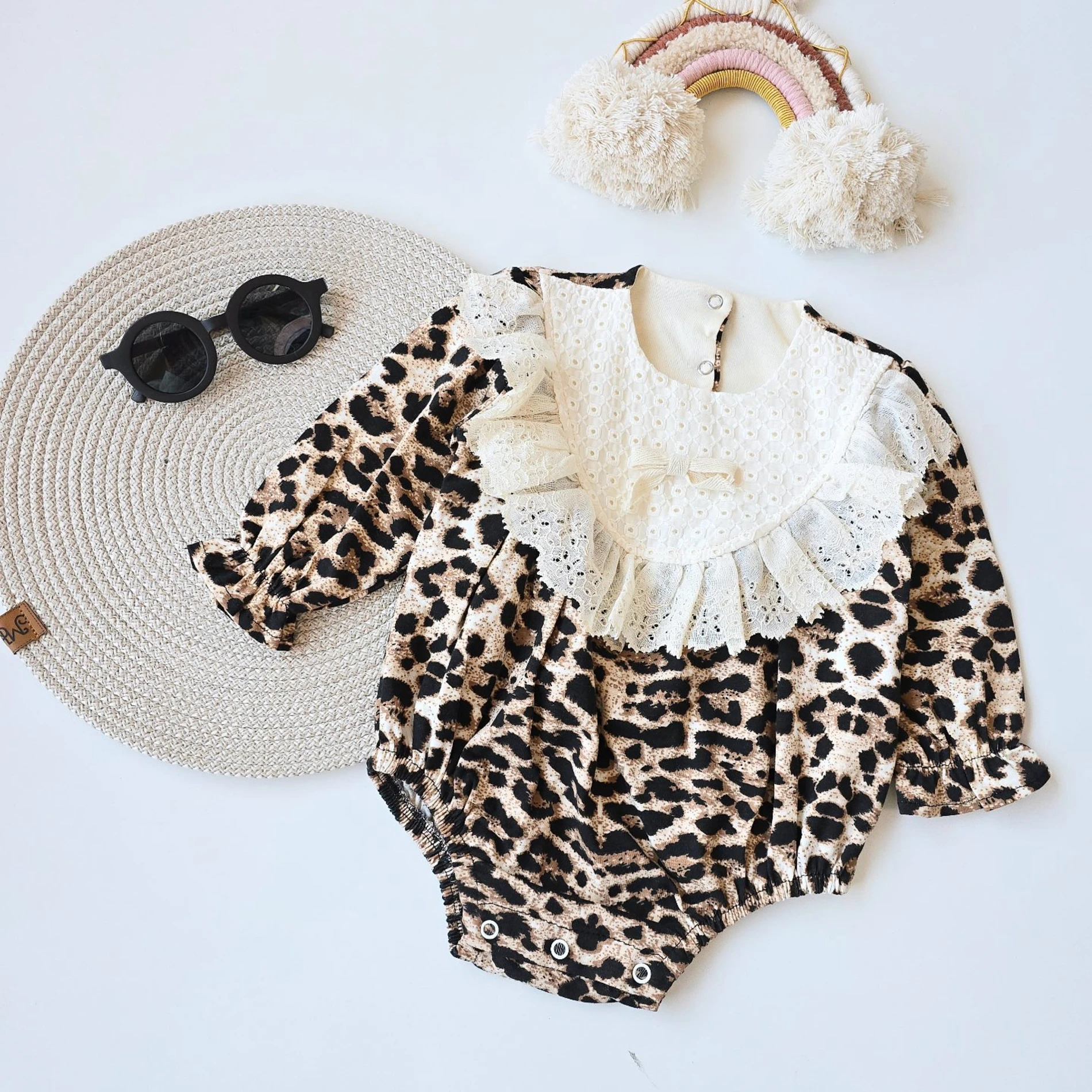 Bebek romper leopar desenli dantel yaka 6-18 ay