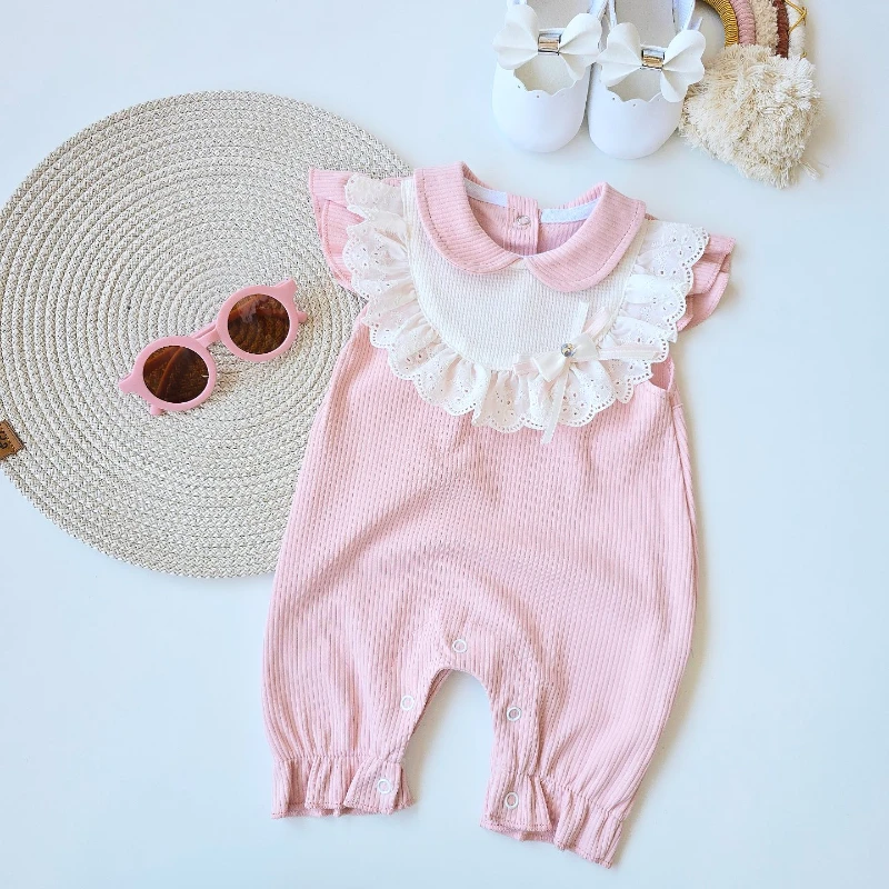 Bebek Tulum kısa kol fiyonk detaylı güpürlü  0-12 ay pembe