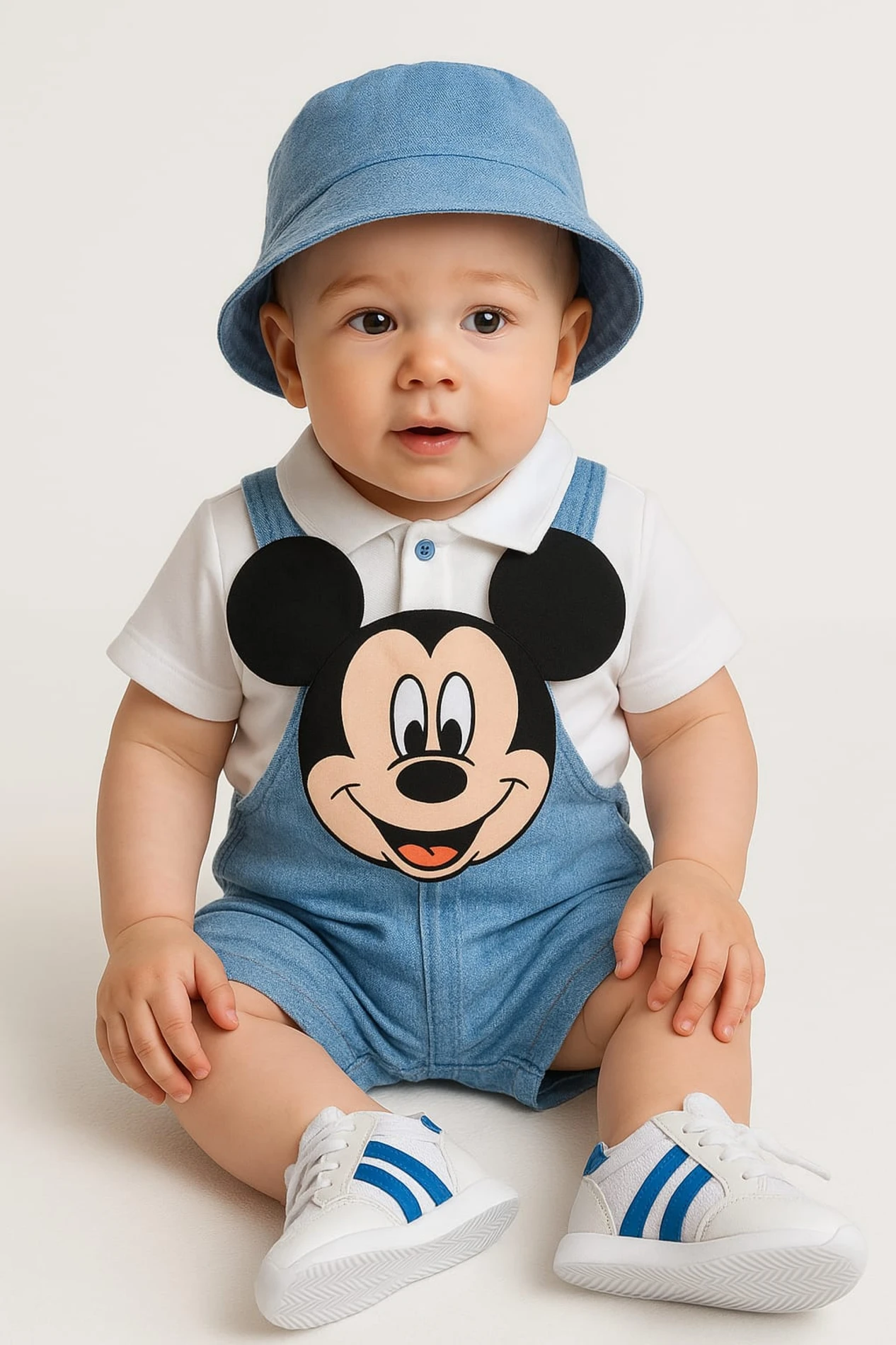 Bebek Salopet Büyük Mickey Detaylı Kasketli 6-24 Ay Mavi
