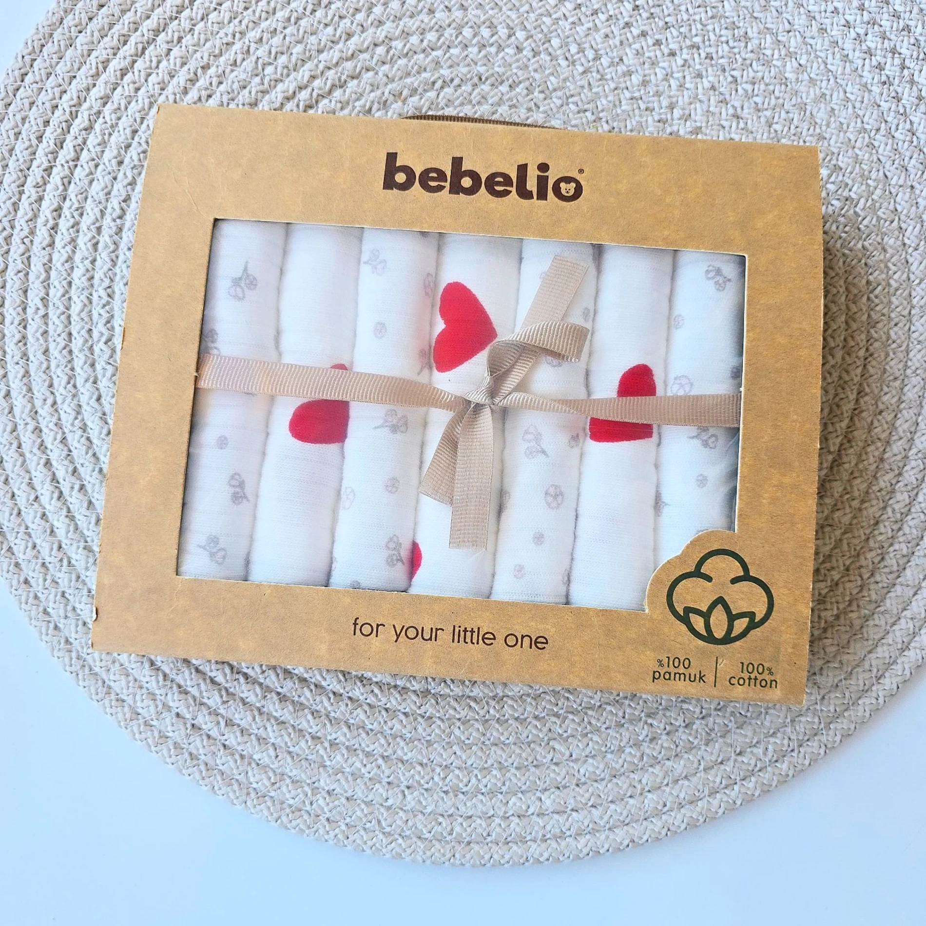 Bebek ağız mendili kalp baskılı fitilli penye %100 pamuk 7'li (KUTULU)