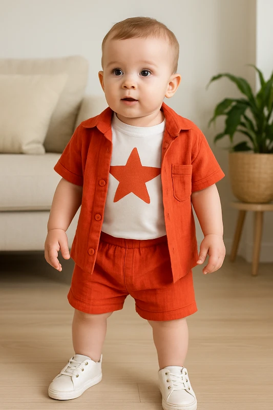 Bebek Takım Müslin Kumaş Yıldız Baskılı T-shirt  6-24 Ay Turuncu