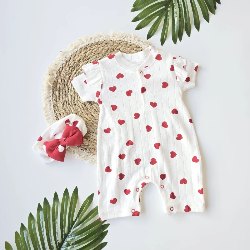 Bebek Tulum Kalp Baskılı Fırfır Kol Detaylı Bandanalı 0-12 Ay 