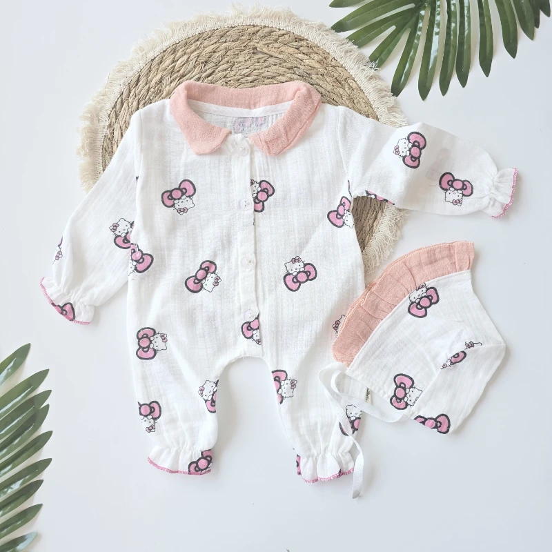 Bebek Tulum Müslin Kumaş Hello Kitty Desenli Şapkalı 0-3 Ay 