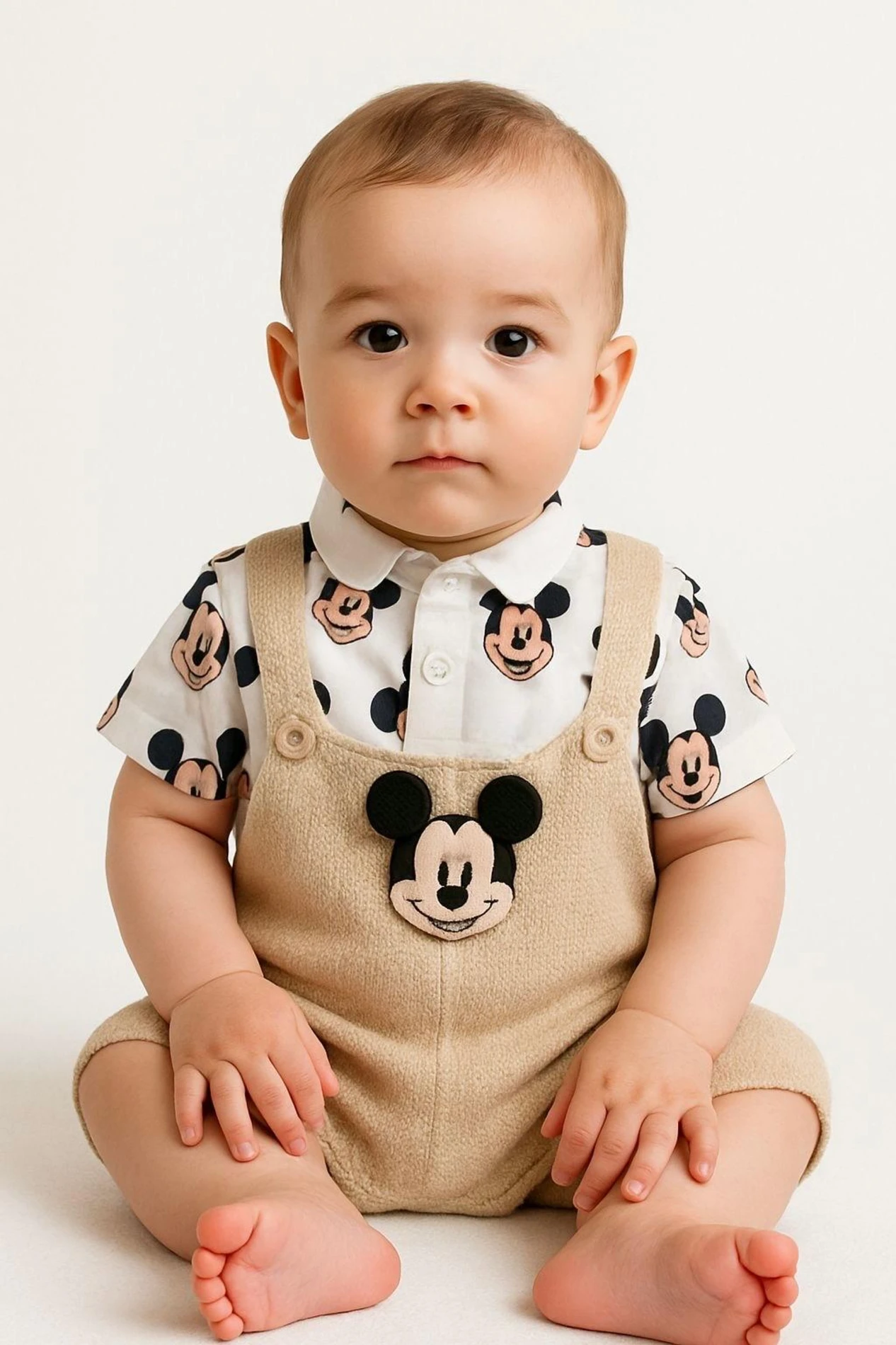 Bebek Salopet Mickey Baskılı T-shirt 6-24 Ay Krem