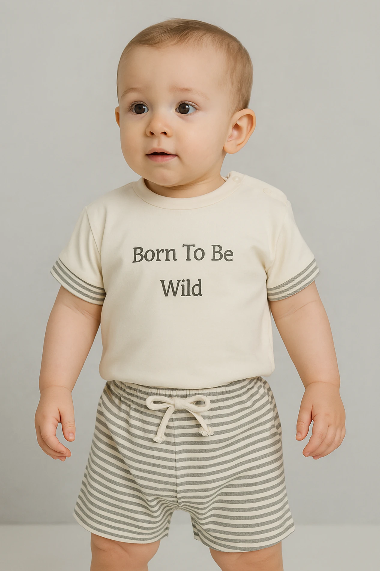 Bebek Takım Bron To Be Wild Baskılı Çizgi Detaylı 2-6 Yaş bej