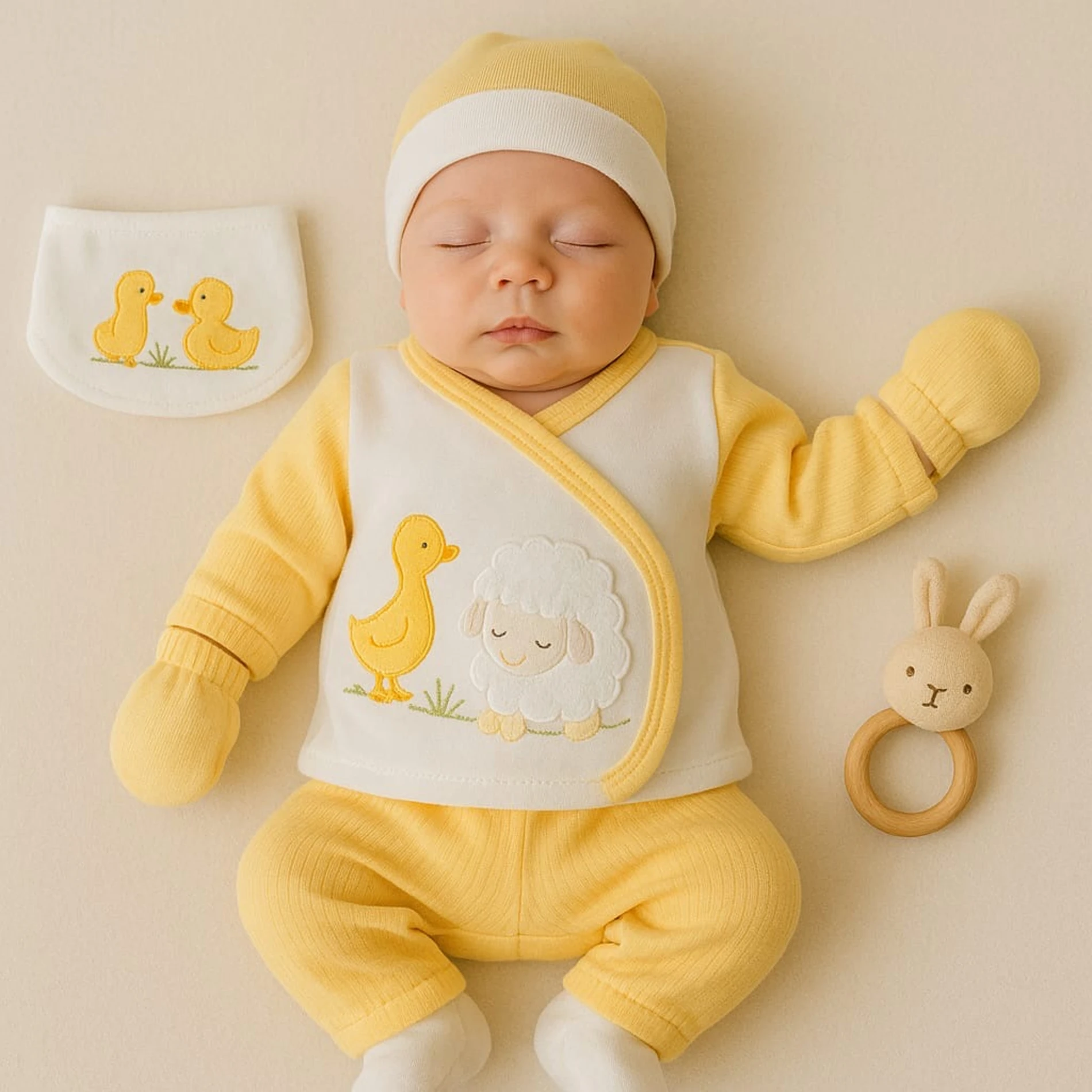 Bebek Hastane Çıkışı 5'Li %100 Pamuk Süzene Ördek Nakışlı 0-3 Ay