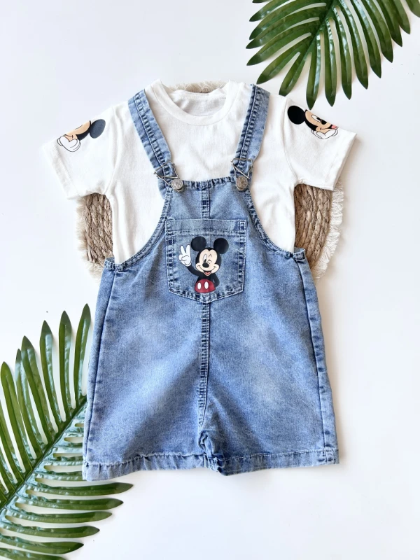 Çocuk Salopet Kot Mickey Mouse Baskılı 2-6 Yaş Mavi