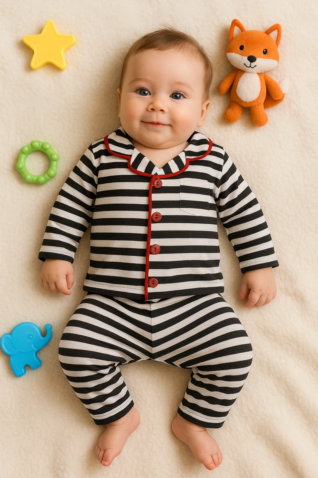 Çocuk Takım Pijama Çizgili Kırmızı Yaka Detaylı 