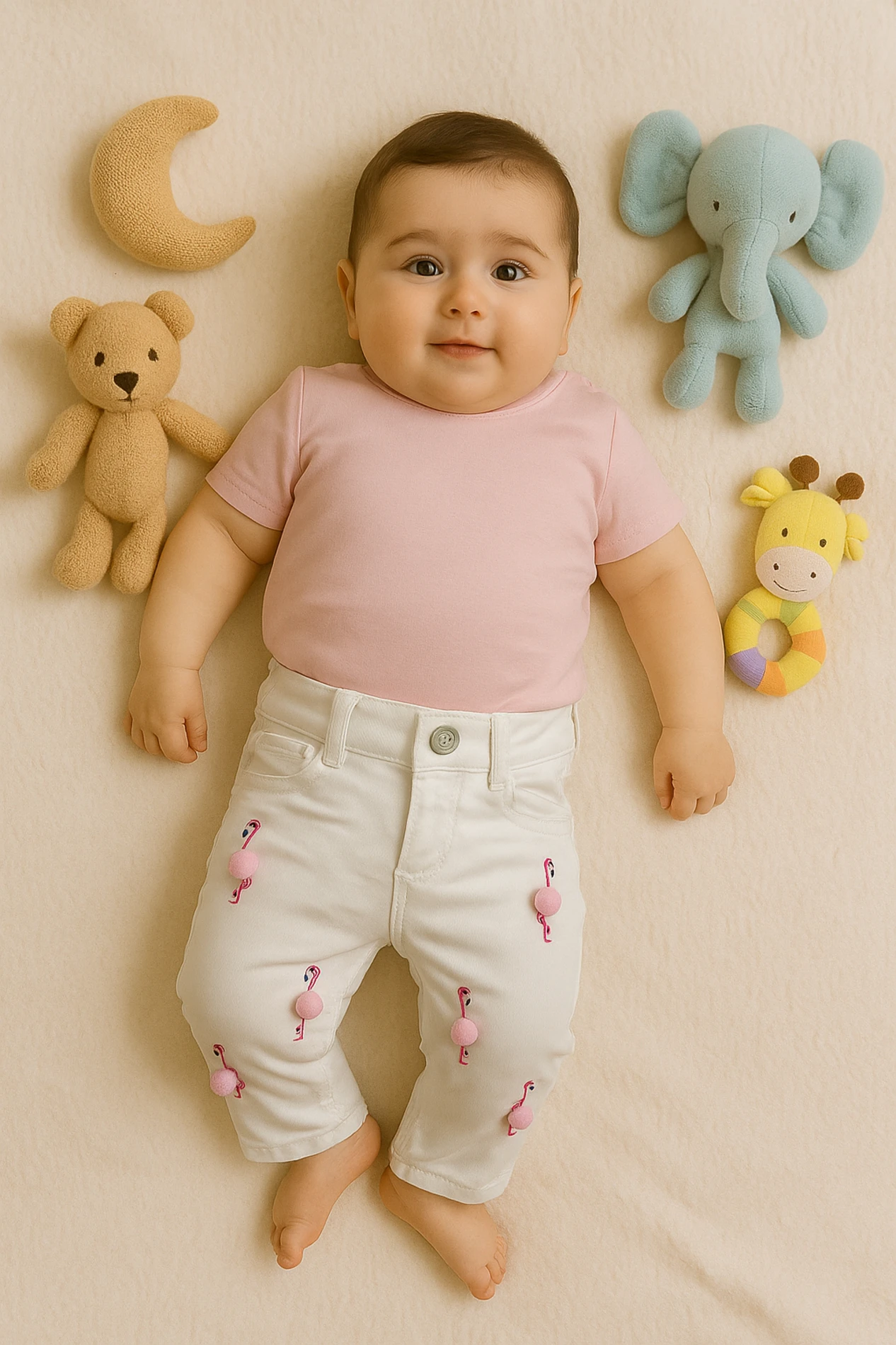 Bebek Pantolon Kot Flamingo Ponpon Detaylı 