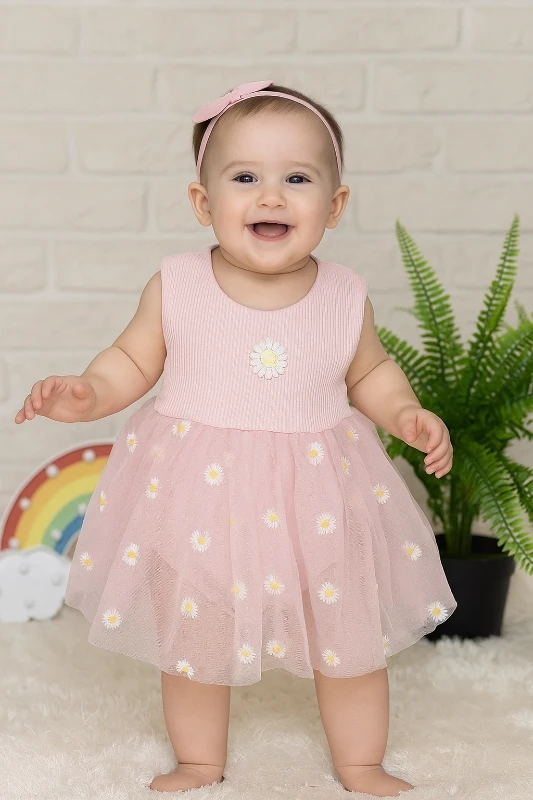 bebek elbise zıbınlı papatya baskılı tül etekli pembe 6-12 ay