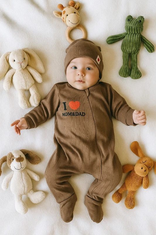 Bebek Tulum Mom&Dad Baskılı Fermuarlı Şapkalı 