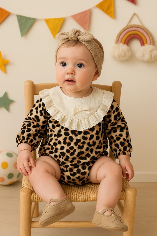 Bebek romper leopar desenli dantel yaka 6-18 ay