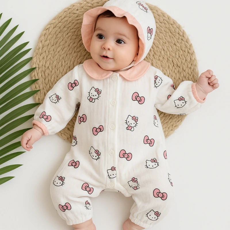 Bebek Tulum Müslin Kumaş Hello Kitty Desenli Şapkalı 0-3 Ay 