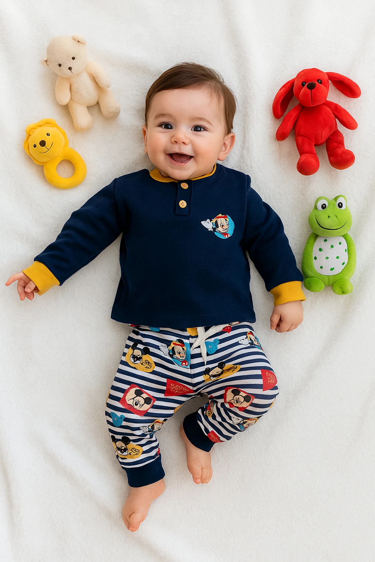 Bebek takım mickey baskılı çizgili düğme detaylı 6-24 ay lacivert