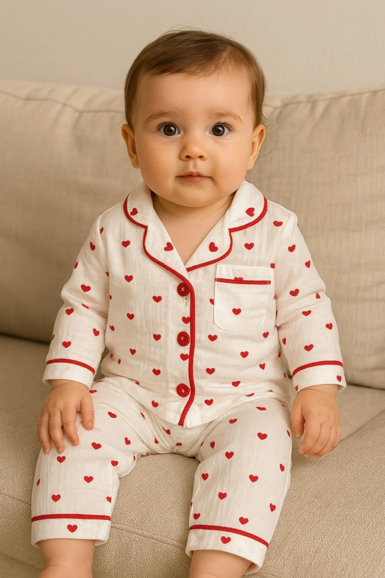 Bebek Pijama Takımı Müslin Kumaş Kalpli Cep Detaylı