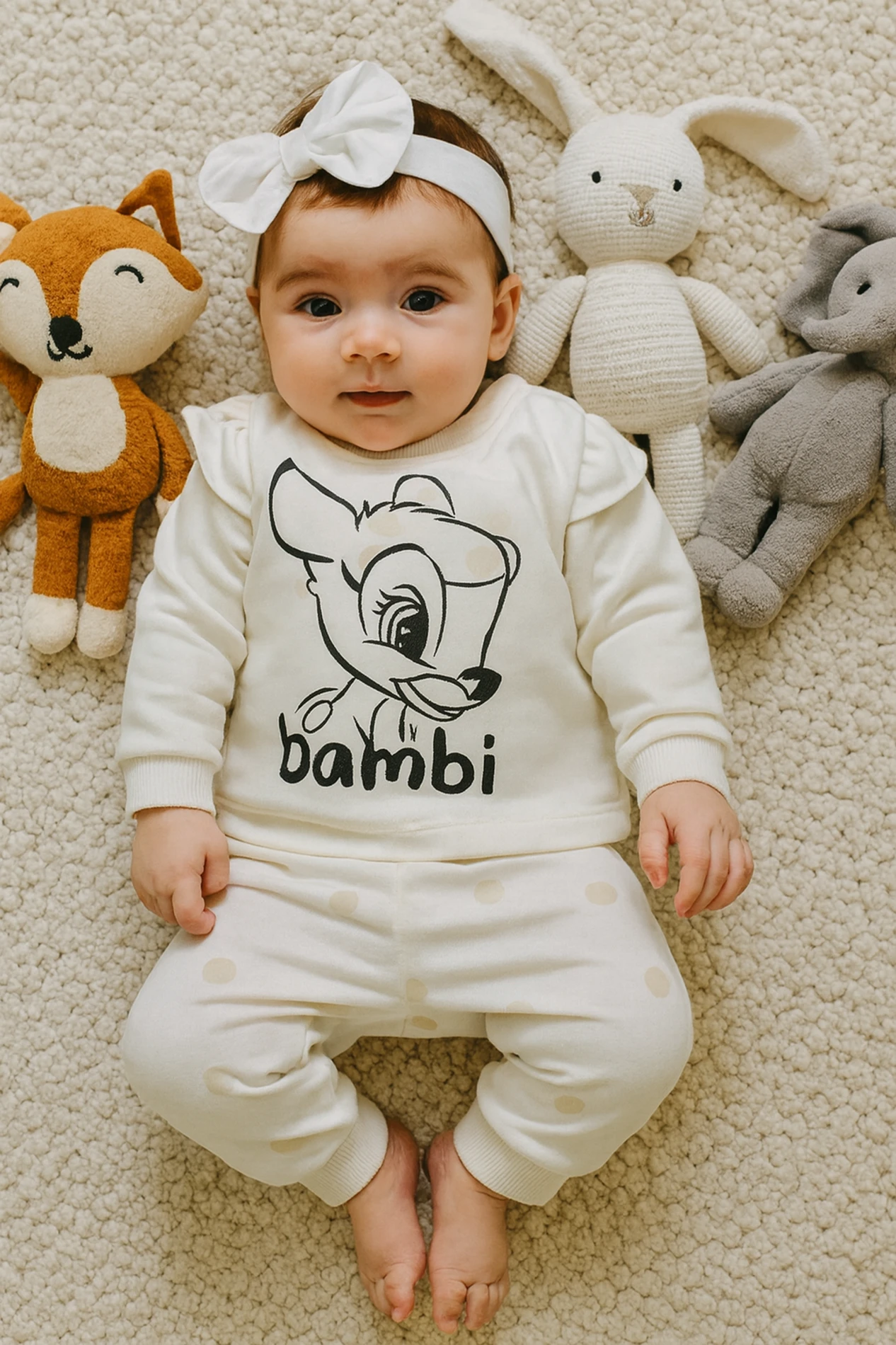 Bebek Takım Bambi Baskılı Kol Fırfır Detaylı 