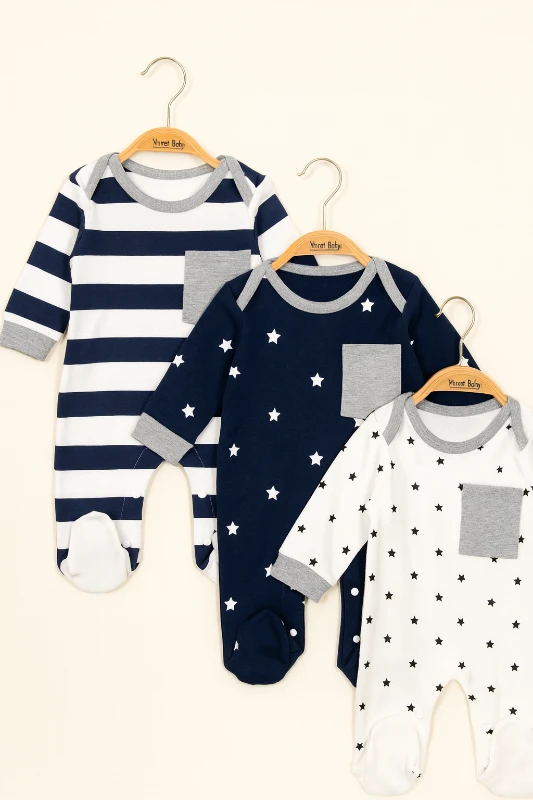 Bebek Tulum 3'Lü Set Patikli Yıldız Ve Cep Detaylı 