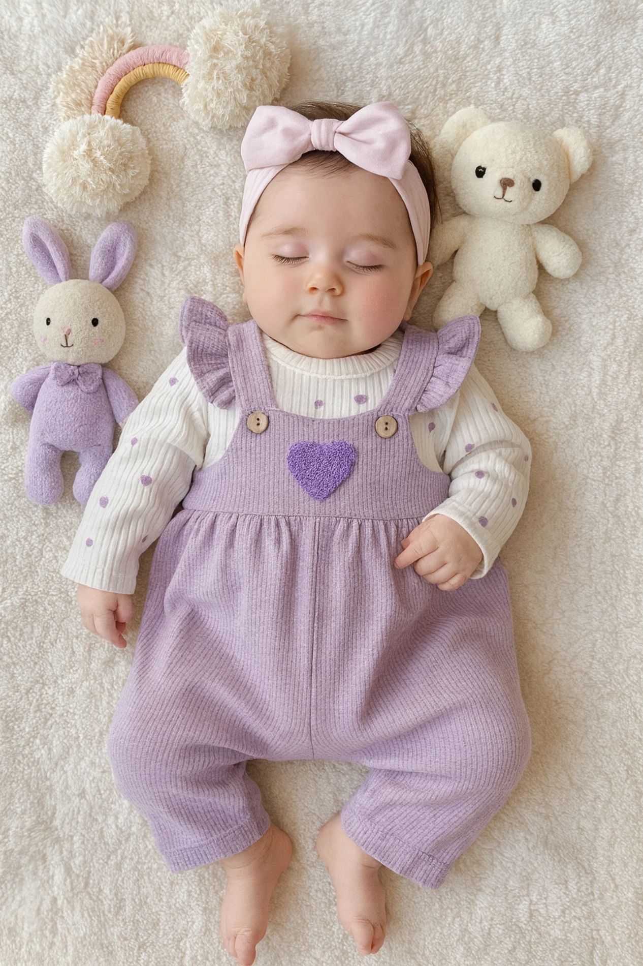 Bebek Tulum salopet kalp baskılı fırfır detaylı 6-24 ay mor