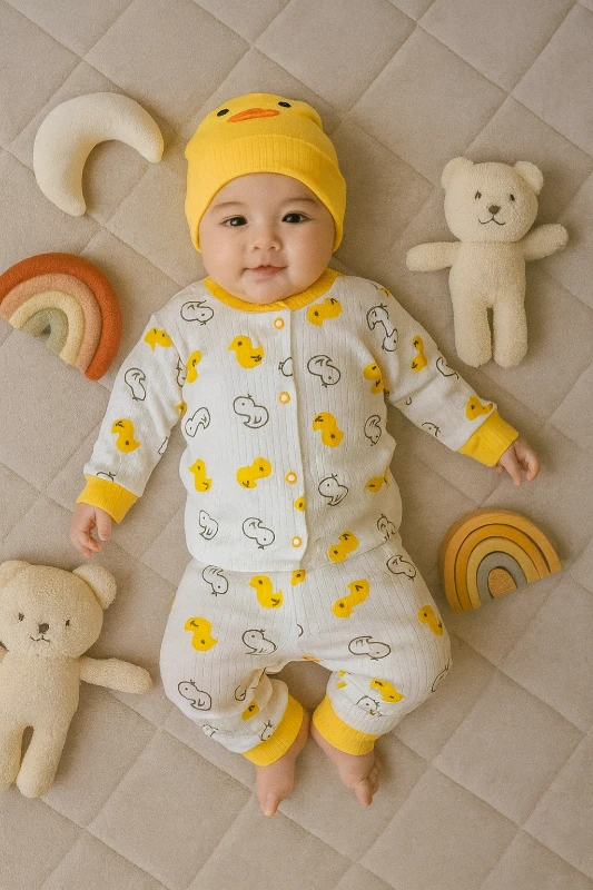 Bebek Takım Civciv Baskılı Pijama Çıtçıtlı 