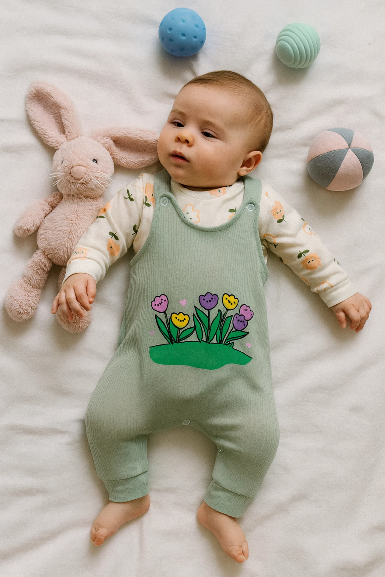 Bebek Salopet Lale Baskılı Çıtçıtlı 