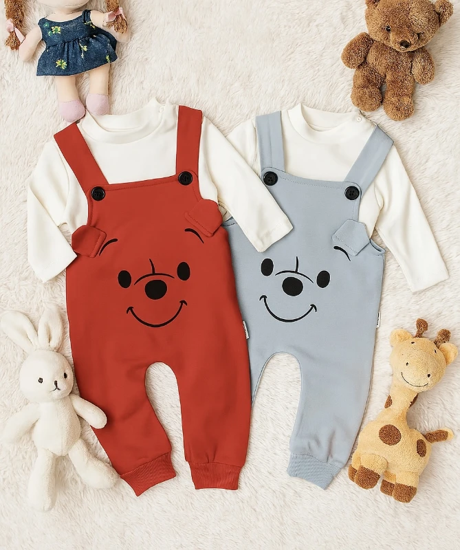 Bebek Salopet Pooh Baskılı Düğme Detaylı