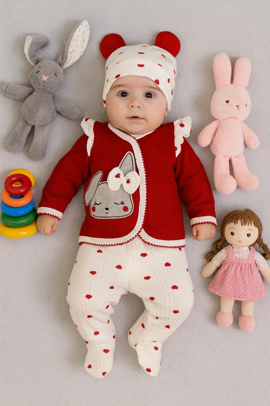 Bebek Hastane Çıkışı 3'Lü Tavşan Baskılı Kalpli