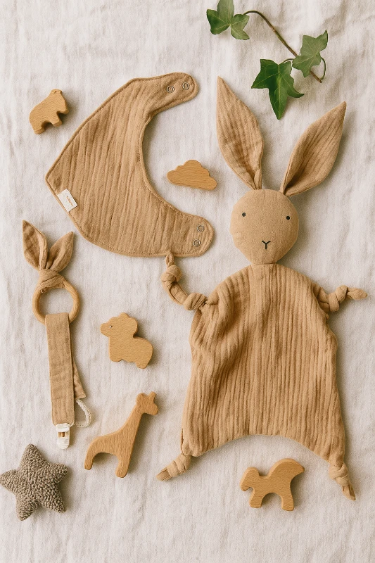 Bebek Müslin Kumaş Uyku Arkadaşı Emzik Askısı Set