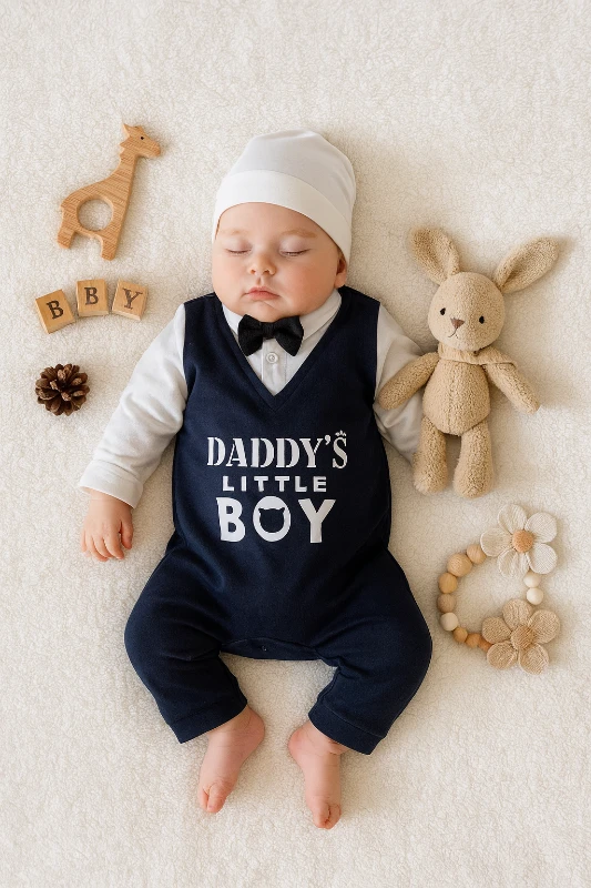 Bebek Daddy's Lıttle Boy Baskılı Süveter Görünümlü Papyonlu Tulum