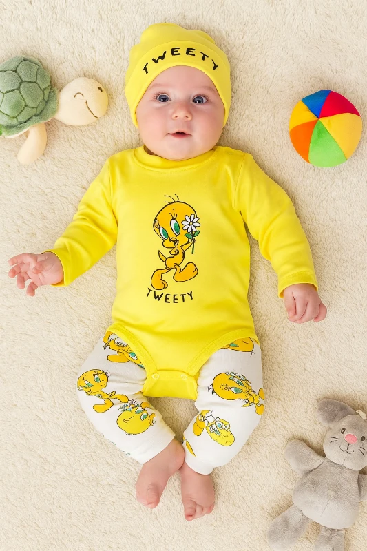 Bebek Tweety Baskılı Şapkalı Zıbın Takım 