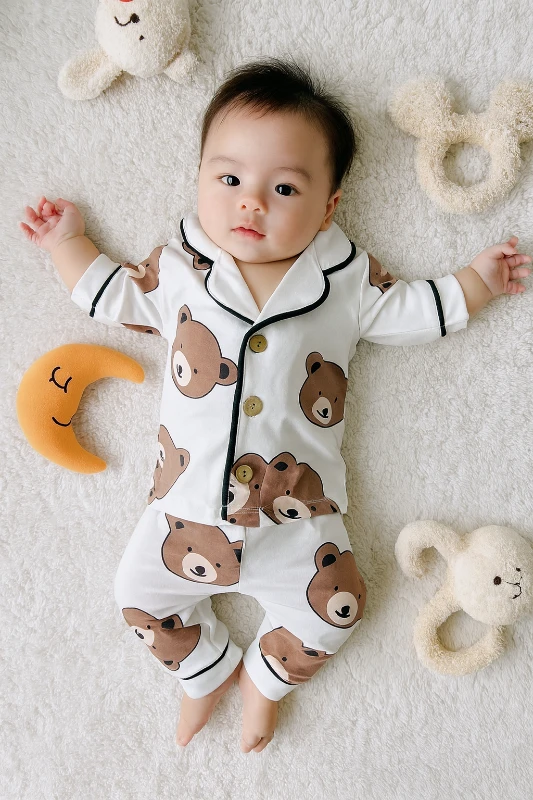 Bebek Takım ayı baskılı düğmeli pijama 9-24 ay beyaz
